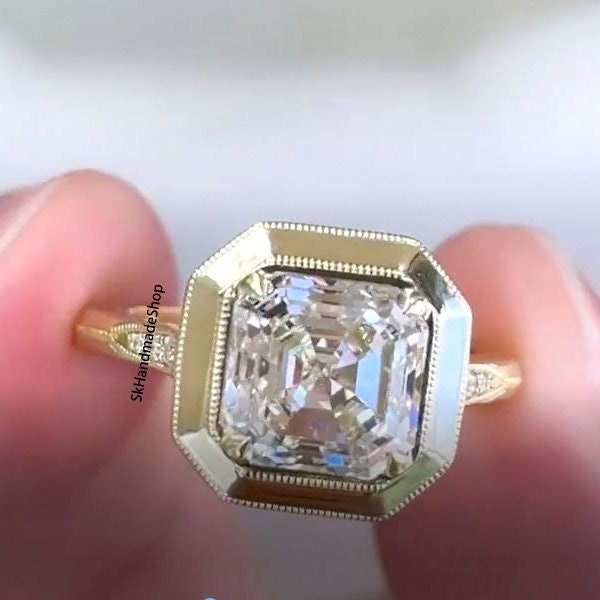 Bezel Setting Unique Ring, 4 CT Asscher Cut Moissanite Anniversary Ring, 14k Yellow Gold With Milgrain Style Ring, Side Half Way Pave Ring