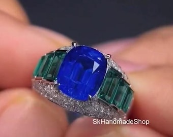 10x8 MM Elongated Cushion Cut Blue Sapphire Gemstone ring, 10k Gold Luxurious Wedding Ring, Combination Of September and May Birthstone Ring