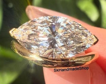 10K Gold Proposal Ring, 12x6 MM Marquise Cut Moissanite Engagement Ring, East To West Style Solitaire Diamond Ring, Classic Curved Band Ring