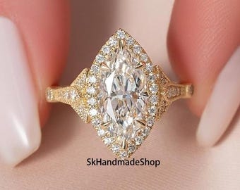 Stunning 1.50 CT Marquise Cut Moissanite Engagement Ring, Vintage-Inspired Halo Diamond Ring, Milgrain Style Ring In 18k Gold, Women's Gift