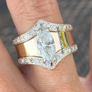 Pave Accents Diamond Promise Ring, Beautiful 1.00 CT Marquise Cut Moissanite Diamond Ring, 14k Yellow Gold Wide Band Ring, Anniversary Ring