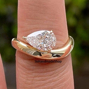 East To West Style TearDrop Ring, Curved Band Ring, 10x7 MM Pear Cut Moissanite Anniversary Ring, 10k Yellow Gold Solitaire Proposal Ring
