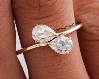 Double Stone Unique Ring, Two Stone Ring, Toi Et Moi Wedding Ring Gift, 14K Yellow Gold Ring, 1.5TCW OMC Pear Cut Moissanite Engagement Ring