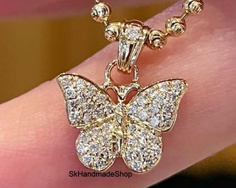 Gorgeous Butterfly Charm Pendant, Round Cut Lab Grown Diamond Women's Pendant, 18K Gold Only Pendant Gifts, Pave Setting Diamond Pendant