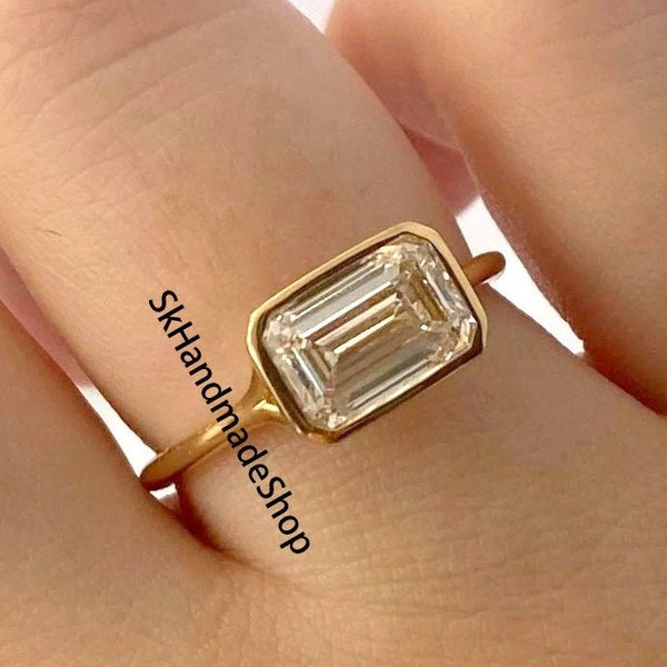 Bezel Set Modern Ring, Solitaire Diamond Ring, East To West 1.75 CT Emerald Cut Colorless Moissanite Anniversary Ring, 14k Yellow Gold Ring