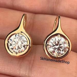 Chunky Bezel Set Bridesmaid Earrings, 2.6 TCW Round Cut Moissanite Drop Earrings, Compass Prong Set Earrings In 14k Gold, Ear Wire Earrings