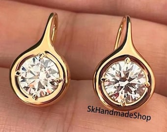 Chunky Bezel Set Bridesmaid Earrings, 2.6 TCW Round Cut Moissanite Drop Earrings, Compass Prong Set Earrings In 14k Gold, Ear Wire Earrings