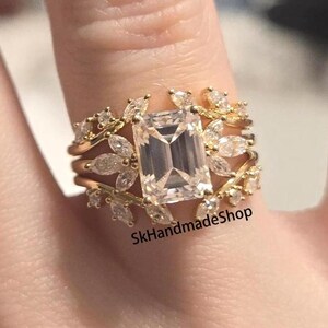 18k Yellow Gold Bridal Ring Set, Side Marquise Diamond Seven Stone Ring, Enhancer Stacking Band, 2.50 CT Emerald Cut Moissanite Wedding Ring