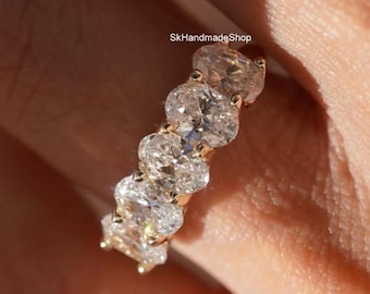 Five Stone Band In 18k Gold, Marvelous 3.75 TCW Oval Cut Lab Grown Diamond Wedding Band, Handmade Stackable Band For Wife, Surprise Gift