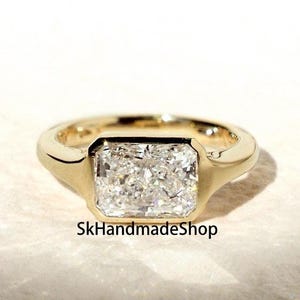 Bezel Set Diamond Ring, East To West Style 10x7 MM Radiant Cut Moissanite Bridesmaid Ring, Solitaire Anniversary Ring, 14k Yellow Gold Ring