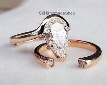 2.50 CT Hanging Pear Diamond Moissanite Ring, 14K Rose Gold Ring, Half Bezel & Prong Set Ring, Engagement Ring With Adjustable Matching Band