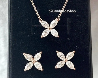 Conjunto de joyas de diamantes cultivados en laboratorio de talla marquesa, pendientes y colgante de compromiso con forma de flor, plata Argentium 935, conjunto de joyas para mujer