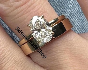 2.00 CT Oval Cut Moissanite Diamond Solitaire Ring, 18k Yellow Gold Bridal Ring Set, Flat Plain Cigar Matching Band, Unique Wide Band Ring