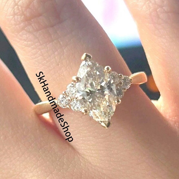 Classic 14x7 MM Marquise Cut Moissanite Engagement Ring, Vintage Cluster Diamond Ring, Side Round Stone Promise Ring, 18k Yellow Gold Ring