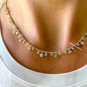Round Cut Lab Grown Diamond Bridesmaid Necklace, 18k Yellow Gold Wedding Choker Necklace, Bezel Setting Necklace, Dangling Diamond Necklace