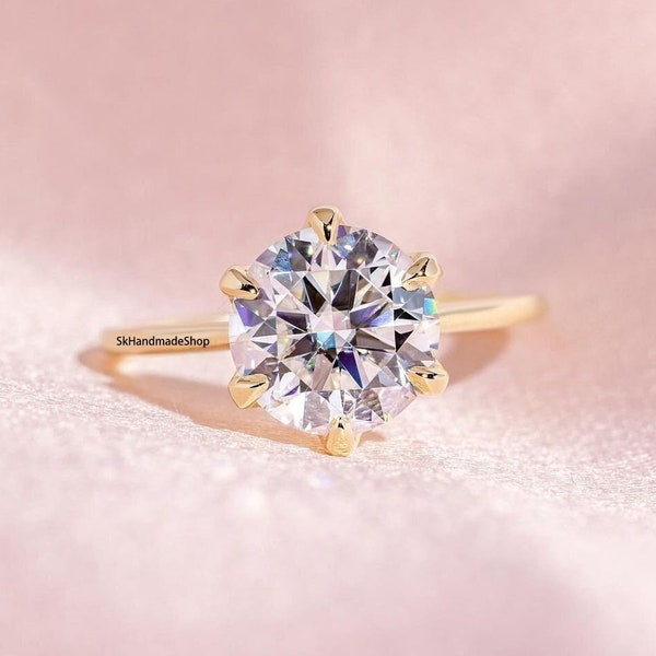 Ronde briljant geslepen diamanten ring, 6-polige tulp mand instelling ring, kathedraal Solitaire verlovingsring, 14k geelgouden Moissanite ring.