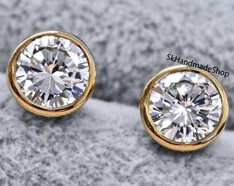 Bezel Set Anniversary Earrings, Solid 10k Gold Solitaire Stud Earrings, Perfect Pair Of 4 TCW Round Cut Moissanite Daily Wear Earrings Gift