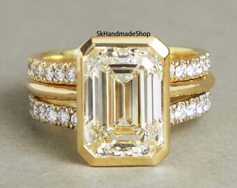 12x8 MM Emerald Cut Moissanite Diamond Engagement Ring, Solid 18k Yellow Gold Ring, Curved Two Half Eternity Matching Band, Trio Ring Set