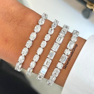 Tennis Bracelet, Solid 10k Gold Women&#39;s Bracelet, Moissanite Diamond Bracelet, Oval And Emerald Cut East To West Style Wedding Bracelet Gift