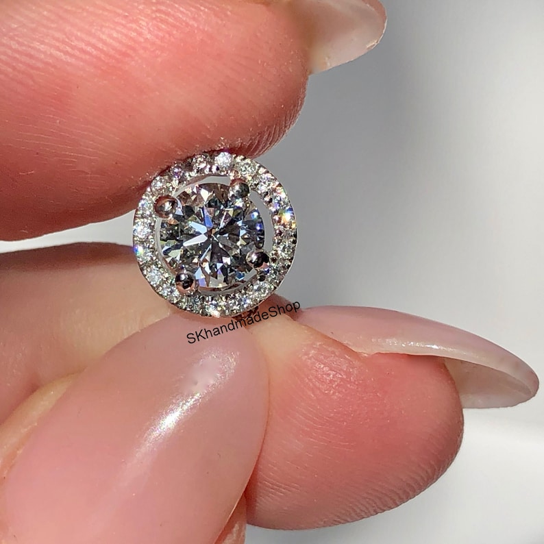 Simulated Diamond Pave Halo Pendant 1.00 Ct Round Cut Moissanite Pendant Wedding Pendant In 14K White Gold Colorless Moissanite Pendant