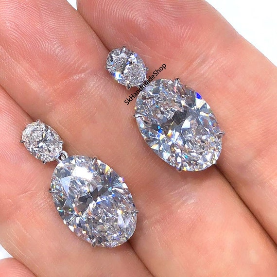 18k White Gold Drop Earrings, 13 TCW Oval Cut Colorless Moissanite