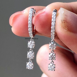 Dangle Drop Earrings, 1.5 TCW Round Cut Lab Grown Diamond Anniversary Earrings, 18k White Gold Earrings, Lever Back Earrings, Gift For Her