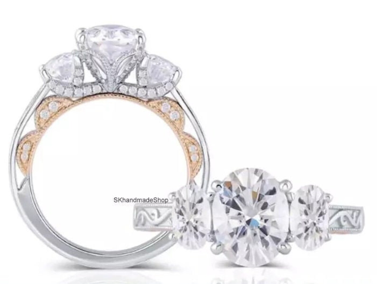 Three Stone Wedding Ring Art Deco Ring in 14K White Gold Etsy