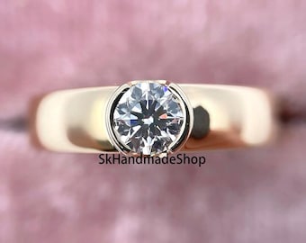 5.00 MM Round Brilliant Cut Moissanite Diamond Ring, Half Bezel Set Single Diamond Ring, Dome Style Wide Band Ring, 18k Gold Daily Wear Ring