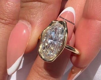 13x8mm Moval Cut Moissanite Engagement Ring, Beautiful Abstract Bezel Set Solitaire Diamond Ring, 10K Yellow Gold Ring, Special Gift For Her