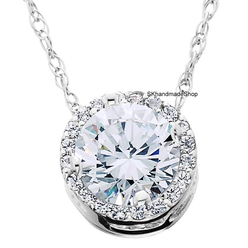 Simulated Diamond Pave Halo Pendant 1.00 Ct Round Cut Moissanite Pendant Wedding Pendant In 14K White Gold Colorless Moissanite Pendant
