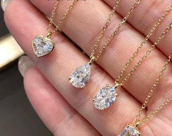 Bezel Set Heart Cut Moissanite Anniversary Necklace, Teardrop Shape Solitaire Pendant, 3CT Oval Cut Diamond Necklace, 14k gold Women Pendant