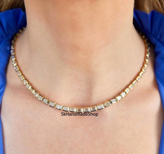 Emerald Cut Moissanite Bezel Set Necklace, 18k Yellow Gold Wedding