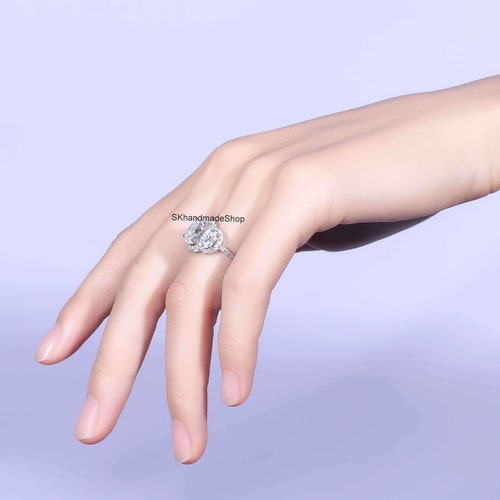 2 Ct Oval Moissanite Engagement Ring, Three shops Stone Ring, Halo Style Ring For Wedding, Oval Cut Colorless Moissanite Ring, 14K White Gold Ring