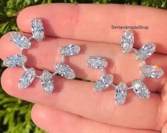 Fancy Seven Stone Earrings, 7.0 TCW Moval Cut Lab Grown Diamond Push Back Earrings, 18K White Gold Stud Earrings, Any Occasion Wear Earrings