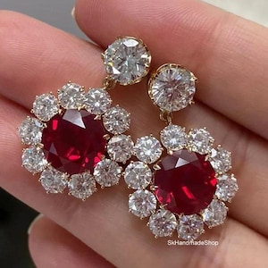 Halo diamant konvertibla droppörhängen, rundslipad rosa rubin med vit CZ diamant örhängen för kvinnor, 10k guld örhängen med pushback, gåva