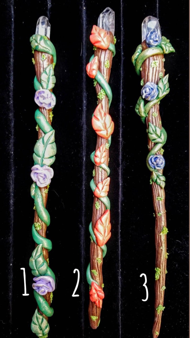 clear quartz point OOAK Crystal Forest Wand- For witches and everything in between fairies polymer clay