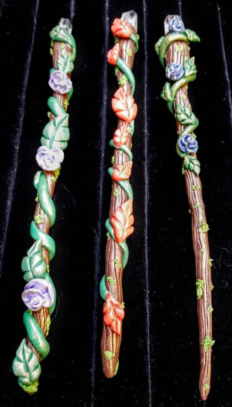 clear quartz point OOAK Crystal Forest Wand- For witches and everything in between fairies polymer clay