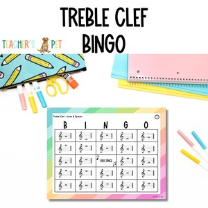 K&ouml;nnte beinhalten: Eine bunte Bingokarte mit einem Violinschl&uuml;ssel und Noten auf jedem Feld. Die Karte ist mit "Violinschl&uuml;ssel - Linien und Zwischenr&auml;ume" beschriftet und hat oben die Buchstaben "BINGO". Die Karte liegt auf einem wei&szlig;en Hintergrund mit einem Federm&auml;ppchen, einer Schere und Markern.