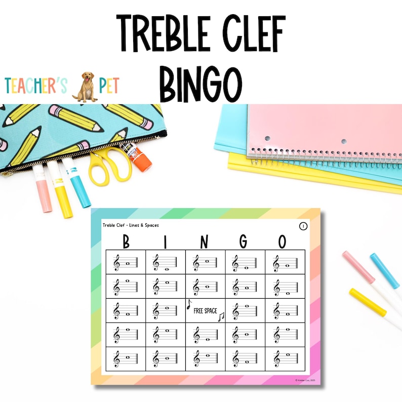 K&ouml;nnte beinhalten: Eine bunte Bingokarte mit einem Violinschl&uuml;ssel und Noten auf jedem Feld. Die Karte ist mit "Violinschl&uuml;ssel - Linien und Zwischenr&auml;ume" beschriftet und hat oben die Buchstaben "BINGO". Die Karte liegt auf einem wei&szlig;en Hintergrund mit einem Federm&auml;ppchen, einer Schere und Markern.