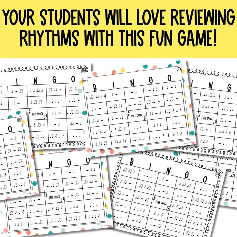 Puede incluir: Cinco tarjetas de bingo en blanco y negro con ritmos de notas musicales. Las tarjetas tienen las letras B-I-N-G-O en la parte superior y est&aacute;n decoradas con lunares de colores.