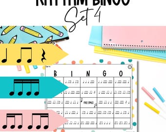 Rhythmus BINGO Spiel - Set 4 - Viertel-Achtel-Sechzehntel-Achtel/Sechzehntel Kombinationen