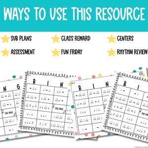 Puede incluir: Un conjunto de cuatro tarjetas de bingo musical imprimibles con las letras B, I, N y G en la parte superior. Cada tarjeta tiene una cuadr&iacute;cula de 3x3 con notas musicales y silencios en cada casilla. Las tarjetas est&aacute;n dise&ntilde;adas para su uso en la educaci&oacute;n musical.