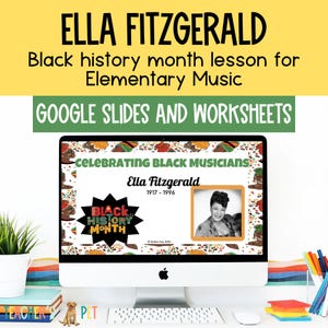 Puede incluir: Una pantalla de computadora que muestra una presentación de Google Slides sobre Ella Fitzgerald, una famosa cantante de jazz. La presentación se titula "Celebrando a los músicos negros" e incluye una foto de Ella Fitzgerald, el texto "Mes de la Historia Negra" y los años 1917-1996.