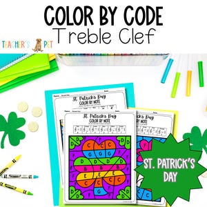 以下が含まれることがあります： 音部記号をテーマにした、カラーバイコードの聖パトリックの日のワークシート。ワークシートには、クローバーのデザインで音符ごとに色を塗るアクティビティがあります。クレヨン、緑色の紙、金貨が含まれています。
