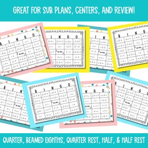Puede incluir: Ocho tarjetas de bingo coloridas con un dise&ntilde;o de notas musicales en blanco y negro. Las tarjetas tienen la palabra "Bingo" en la parte superior y un espacio libre en el centro. El texto "Negra, corcheas ligadas, silencio de negra, blanca, y silencio de blanca" est&aacute; en la parte inferior de la imagen.
