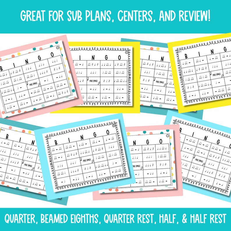 Puede incluir: Ocho tarjetas de bingo coloridas con un dise&ntilde;o de notas musicales en blanco y negro. Las tarjetas tienen la palabra "Bingo" en la parte superior y un espacio libre en el centro. El texto "Negra, corcheas ligadas, silencio de negra, blanca, y silencio de blanca" est&aacute; en la parte inferior de la imagen.