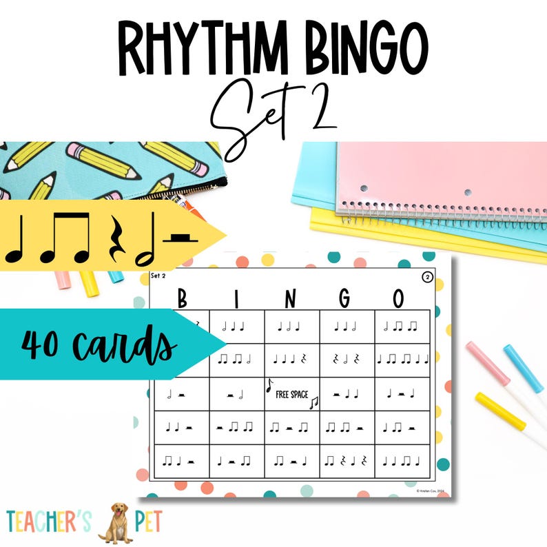 Puede incluir: Una tarjeta de bingo colorida con notas musicales y el texto "Rhythm Bingo Set 2" y "40 tarjetas". La tarjeta tiene un fondo de lunares con un esquema de color turquesa, rosa y amarillo.