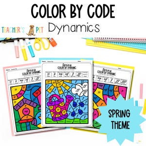 以下が含まれることがあります： 春をテーマにした「カラーバイコード」ワークシートが3枚。各ワークシートには、鳥小屋やじょうろなど、春をテーマにしたさまざまな画像が、色分けされたセクションで表示されています。「Spring Color by Dynamic」の文字が見えます。