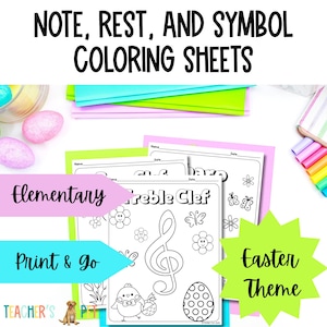 Op de afbeelding: Zwart-witte printbare kleurplaten met muzieknoten, rusten en symbolen met een paasthema. De bladen bevatten een vioolsleutel, een konijn en een ei. De tekst "Elementary Print & Go" en "Easter Theme" is zichtbaar.