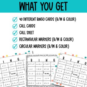 Puede incluir: Un conjunto de 40 tarjetas de bingo diferentes, tarjetas de llamada, una hoja de llamada, marcadores rectangulares y marcadores circulares. Las tarjetas de bingo presentan notas musicales y el texto "BINGO". Los marcadores est&aacute;n disponibles en blanco y negro y en color.